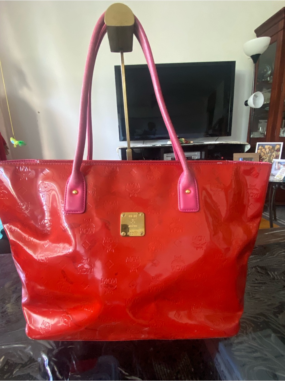 MCM Red Patent Tote with Pink Handles and Gold Plaque